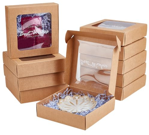 BENECREAT 10 st papperslådor i kraft, PVC för fönster, fyrkantiga presentaskar, för bröllopspresent, choklad, kakor och andra små hantverk, 15,7 x 16 x 4,5 cm