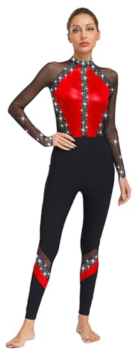 renvena Donna Tuta Intera da Pattinaggio Artistico Tutina Elegante Jumpsuit a Manica Lunga Strass Body da Danza Classica Balletto Leotards Abito da Ballo Latino Rosso S