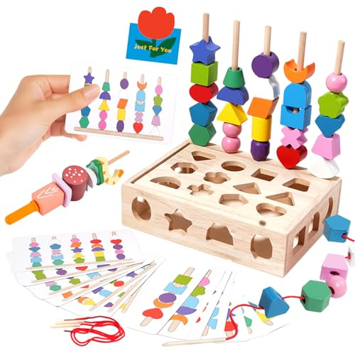 USHOP Giochi Legno Bambini, 3 in 1 Giocattoli con Perline di Legno,Montessori Giocattoli Impilabili und Infilare,Giocattolis da Infilare Motricità Fine Giochi in Legnos per Bambini 3+ Anni