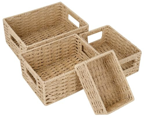 Otauoaea 4 Cestas Almacenaje Apilable, Cesta de Almacenamiento Tejida con Cuerda de Papel, Cesta Organizadora con Estructura de Metal, Baskets para Baño Salones Cocina