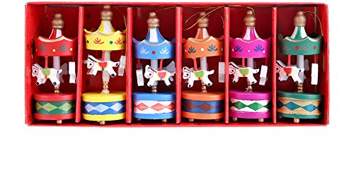 Yosoo 6pcs in One Set Wooden Carousel Horse Vintage Mini Hanging Pendant Christmas Tree Ornaments Christmas Birthday Gift Mixed Color