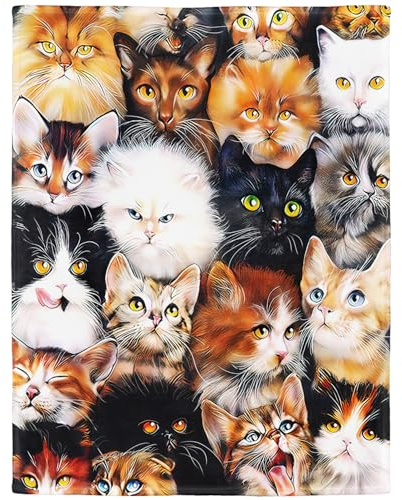 YISUMEI 100x150 cm Blanket Comfort Warmth Soft Cozy Easy Care Machine Wash Cute Cats Breed Collage Pet,Colorful