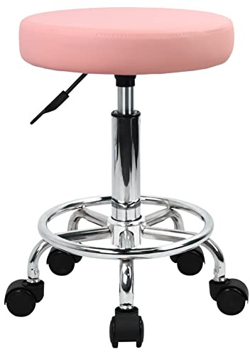 KKTONER Taburete Redondo de Cuero PU reposapiés Ajuste de Altura Giratorio SPA salón taburetes de Masaje Silla de Trabajo (Pink)