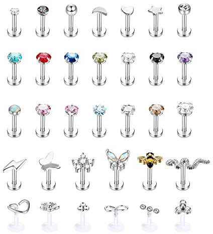 Kakonia Medusa Piercing Lèvre Bijoux 16G Acier Inoxydable 6mm 8mm 10mm Anneaux à Lèvres pour Femmes Hommes Labret Clous de Nez Abeille Papillon Fleur Boucles d'Oreilles Ensemble(Argent)