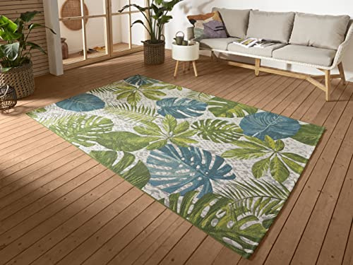 Hanse Home Tropical Leaves In- & Outdoor Teppich – Flachgewebe Aussenteppich, Jungel Palmen Blätter Design, ÖKO-TEX Wetterfest & UV-beständig für Balkon, Terrasse, Garten – Türkis Grün, 120x180cm