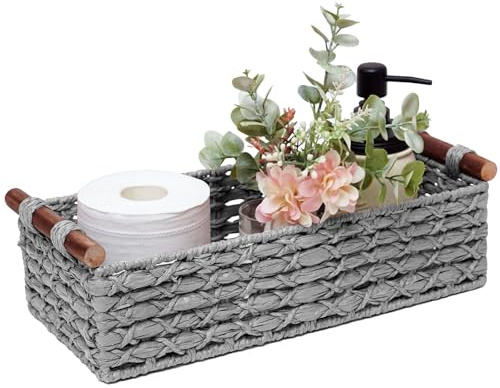 Small Storage Basket Wicker Baskets for Organizing with Handle Decorative Storage Bin for Countertop Toilet Paper Basket for Toilet Tank Top Small Baskets,Light Grey