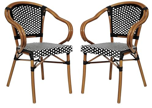 Flash Furniture Bordeaux Indoor/Outdoor Commercial Bistro Stack Chair - Arms - Black/White PE Rattan Back and Seat - Natural Bamboo Print Metal Frame - 2 Pack