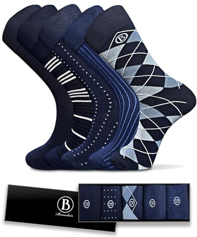 Easytwelve Men's Bamboo Rayon Dress Socks Size 8-13 Navy blue, 5 Pairs Mid Calf Crew Socks for Business & Casual, Premium Quality with Gift Box