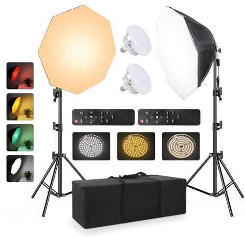 2pack Softbox Continuous Lighting Kit für Kamera Foto Video Fotografie Studio Licht mit 28'' x 28''Octagon Softbox und Dimmable Super Bright Glühbirne/Nylon Farbe Bildschirm/Licht Stand/Tragetasche