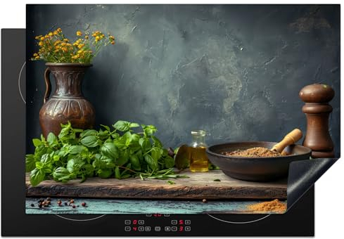 KitchenYeah© Herdabdeckplatte Einteilig Ceranfeld Abdeckplatte für Induktionsschutz Ceranfeldabdeckung Vinyl Herdabdeckplatten Küche - Blätter - Regal - Beton - 77x51 cm