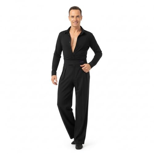 Ready4Dance Pantalón Tampico Hombre Latinoamericano – Cintura Alta, 2 Pliegues, Bolsillos Laterales, Corte Slim al Tobillo – Negro XS-XL, Tela Técnica Stretch – Made in Italy,S