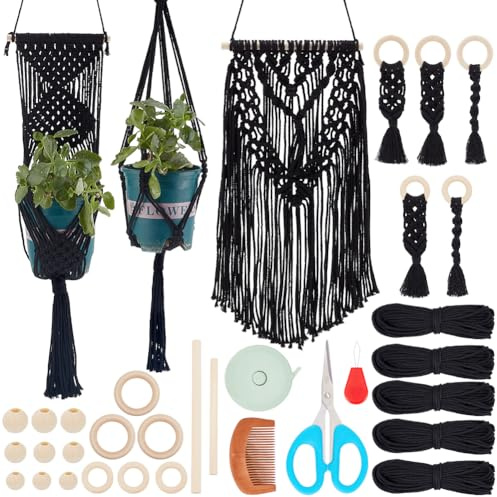 IFNUNLY 8 Set Black DIY Macrame Kit for Beginners Macrame Starter Making Kit Macrame Wall Hanging Ornament DIY Macrame Plant Hanger Kit Macrame Keychain Kit with Instruction Birthday Gift Decor