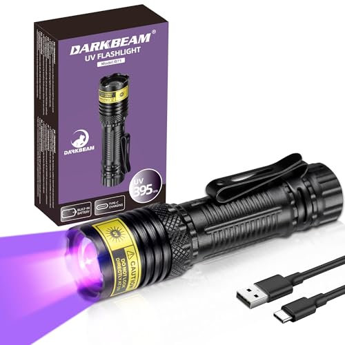 DARKBEAM Torcia UV 395nm Luce nera, Mini ma potente Blacklight USB-C ricaricabile, resistente all'acqua focalizzabile, rilevatore per l'urina degli animali domestici, resina di curazione