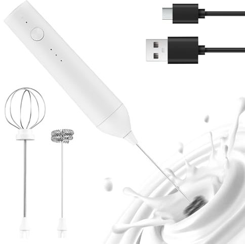 Irishom Schiumatore Elettrico per Latte, Ricaricabile, Portatile, con 3 Livelli di velocità, Frusta Regolabile, Supporto per caffè, Panna, albume d'uovo, con 2 Teste in Acciaio Inossidabile