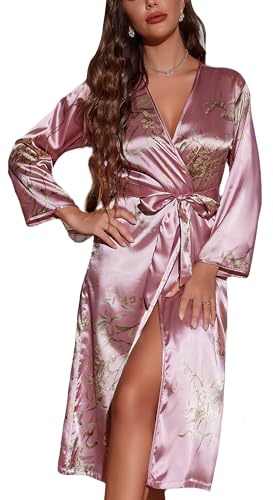 FEOYA Robe de chambre en satin doux pour femme - Robe de nuit longue en soie - Col en V, rose, M