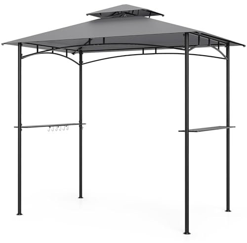 GOPLUS Cenador de Barbacoa Exterior 242 x 150 cm, Gazebo de Parrilla, Pabellón con Doble Techo, 2 Estantes Laterales, 6 Ganchos, 8 Clavos de Tierra, Marco Metálico, Carpa BBQ Picnic Jardín Terraza