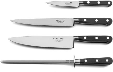 Sabatier Trompette - Set med 3 köksknivar och 1 slipgevär - Origin - 5Cr15MoV stål - satinfinish - svart