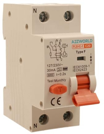 Interrupteur Différentiel Magnétothermique Type F 20A C20, RCBO Type F Courbe C 6kA 30mA, 1P+N 2 Modules DIN, pour pompes à chaleur, climatiseurs, machines à laver, moteurs contrôlés par inverseur
