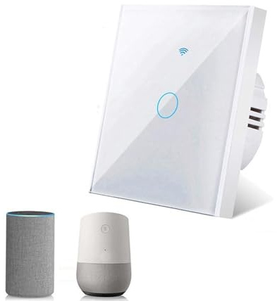 Smart Touch ljusströmbrytare, Wi-Fi strömbrytare med glaspanel, röststyrning för Alexa, kompatibel med Smart Life och Tuya App, Single 2-vägs vit