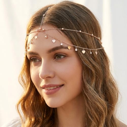 Gold Sequins Rhinestones Boho Head Chain Jewelry, Gold Bohemian Layered Festival Costume Headpieces Halloween Costume Headpiece Egyptian Prom Accessories Headbands for Women