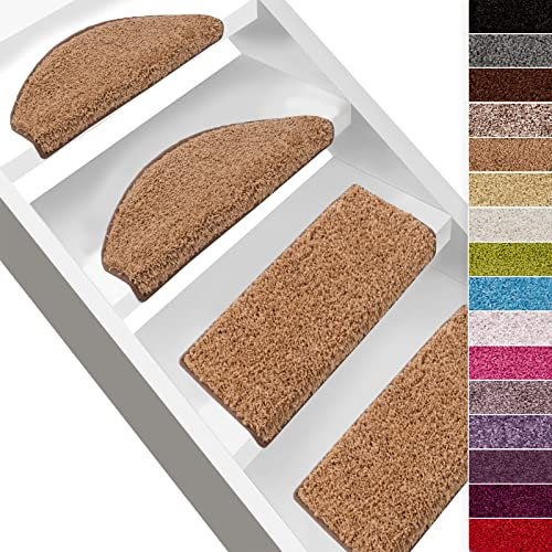 casa pura Shaggy Stufenmatten Barcelona 15 Stück Set, weicher Hochflor Treppen-Teppich, Treppenstufen Matten, selbstklebend | halbrund | 65 x 23,5cm | Hellbraun