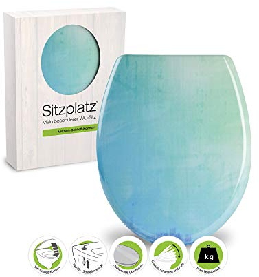 SITZPLATZ® WC-Sitz mit Absenkautomatik, buntes Dekor Farbig, antibakterieller Duroplast Toilettensitz, Fast-Fix Schnellbefestigung, Standard O Form universal, Farbverlauf WC Deckel Hellblau, 40681 9