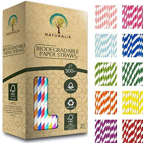 Naturalik 300-Pack Multi-Color Extra Durable Paper Straws - Biodegradable Premium Paper Straws for Juices, Restaurants and Party Decorations, 7.7 (Multicolor, 300)