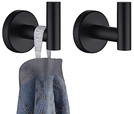 JQK Black Bathroom Towel Hook, Coat Robe Clothes Hook for Bathroom Kitchen Garage Wall Mounted (2 Pack), 304 Stainless Steel Matte Black, TH100-PB-P2