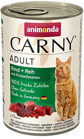 Carny Katzen Nassfutter Rind + Reh mit Preiselbeeren (6 x 400g), Katzen Nassfutter von animonda ohne Getreide und Zucker, mit frischen fleischlichen Zutaten