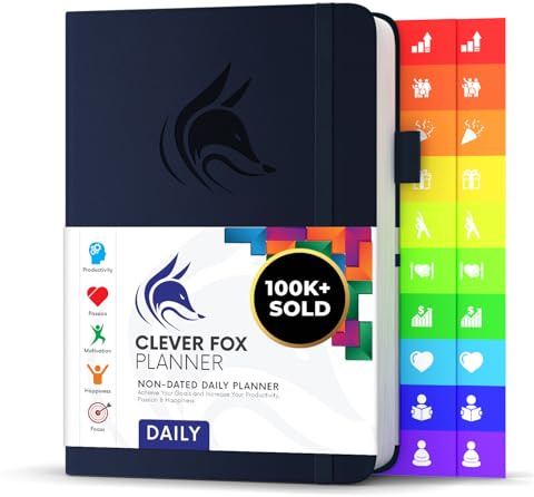 Agenda quotidien Clever Fox - Le meilleur agenda et calendrier quotidien pour stimuler la productivité, le bonheur et atteindre vos objectifs - Organisateur - A5, non daté - Bleu Foncé