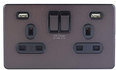 Schneider Electric Ultimate Plaque plate sans vis – Double prise de courant commutée, avec ports de charge USB, 13 A, GGBGU34202USBBDBP, bronze foncé avec insert noir