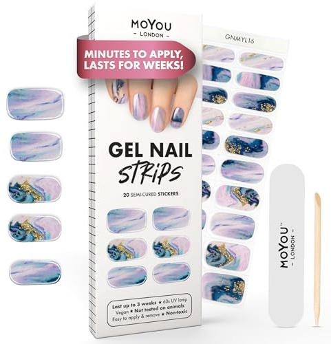 MOYOU LONDON Semi Cured Gel Nail Strips - 20 Pcs. Waterproof Gel Nail Wraps, Cures in Sunlight or UV/LED Lamp, Lasts Up to 2+ Weeks, Stretchable, Easy to Apply & Remove, Vegan & Cruelty-Free