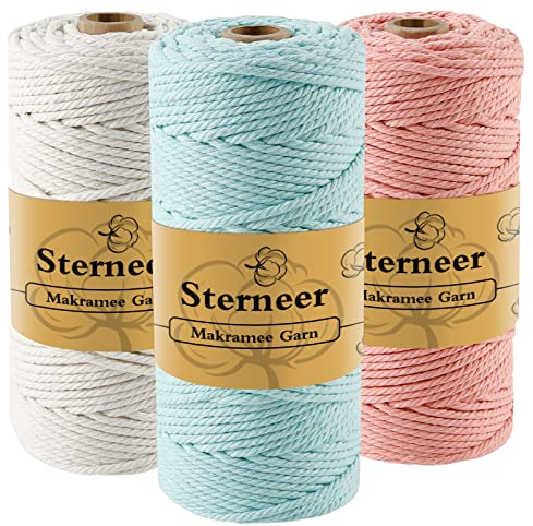 Makramee Garn 3mm x 300m, Sterneer 3 Stuck Baumwollgarn Kordel, DREI Farben, DIY Makramee Kordel, für Blumenampel, Deko, Vorhang, Türvorhang, Vorhang Tür