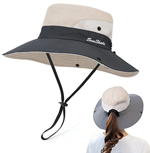 TAGVO Sombrero de Sol para Mujer, Gorro de ala Ancha de Malla Sombreros de Pesca al Aire Libre Protección UV, Sombrero de Cola de Caballo Plegable Gorro de Pescador, Sombrero de Playa de ala Ancha