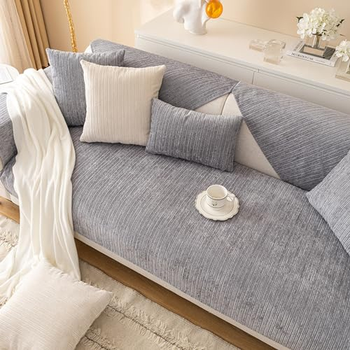 Topchances Chenille Sofa Slipcovers 1/2/3/4 Seater,Non Slip Sofa Cover for Dogs All-Seasons Sofa Wrap with Non-Slip Silicone Particles Apply to Living Room Dogs Cat Pet(Grey,90x160cm 1 Piece)