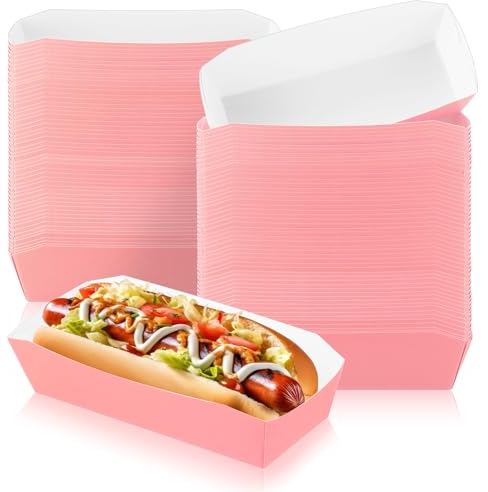 Yeaqee 100 Pcs 7 Paper Hot Dog Trays Halloween Disposable Paper Food Nacho Boats Hot Dog Holders Food Plates Disposable Serving Trays for Carnivals, Parties, Dinner, Cookouts(Pink)