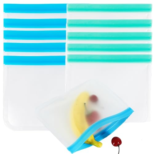 Forlush 10 Stück Lebensmittelbeutel Wiederverwendbar, Küche Aufbewahrungsbeutel, Wiederverwendbare Gefrierbeutel, fur Aufbewahren von Obst, GemüSe, Fleisch, Etc (Grün, Blau)