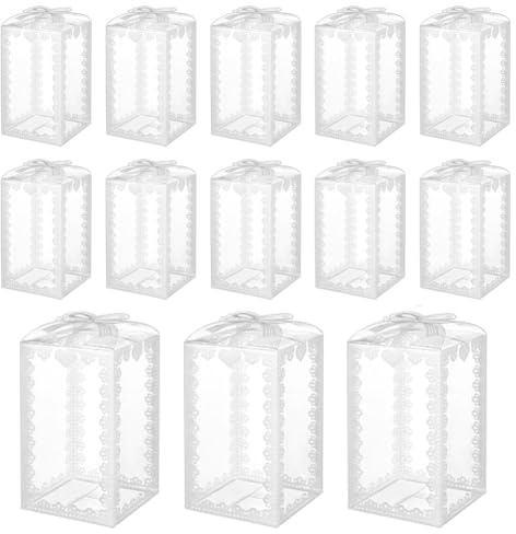 BENECREAT 60 pz Scatole Regalo Trasparenti Scatole per Bomboniere in PVC da 12x7x7 cm con Pizzo Bowknot Bianco per Caramelle al Cioccolato, Bomboniere per Feste di Matrimonio, Confezione Regalo