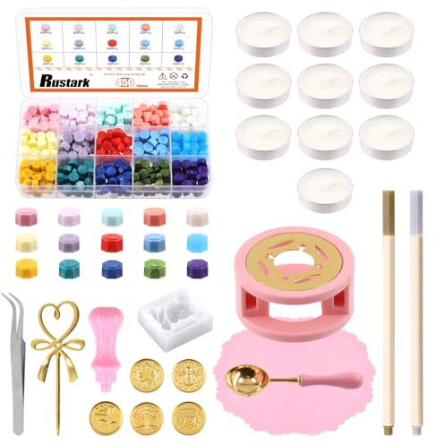 Rustark Kit de sellos de cera de 15 colores, sello de cera para sellar letter, calentador de cera, sobres vintage y accesorios para sellar letras, tarjetas de invitación, veneno, decoración, R-1737