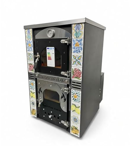 Stufa a Legna Termo ventilata con Forno - Esmeralda Maioliche di Caltagirone - Potenza Riscaldamento 25 Kw, Stufa A Legna Economica in Acciaio Verniciato Antracite, Forno in Mattoni Refrattari