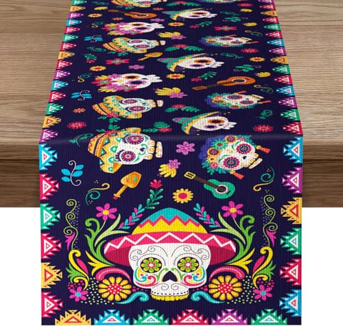 Camino de Mesa Dia de los Muertos con Estampado de Calaveras Flores, Halloween Camino de Mesa de Lino, Mexicano Corredor Mesa Lavables, Halloween Mexicana Cinco de Mayo Fiesta Decoración, 180 x 35cm