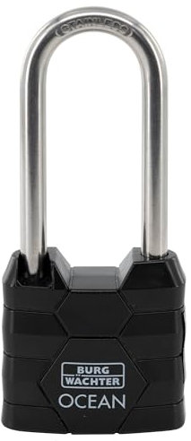 BURG-WÄCHTER Vorhängeschloss, Vorhangschloss mit 2 Schlüsseln, 6,3 mm Bügelstärke, Seewasserfest, Massiver Messingkörper, Doppelt Verriegelt, Ocean 490 Ni HB 40 65 SB, Schwarz
