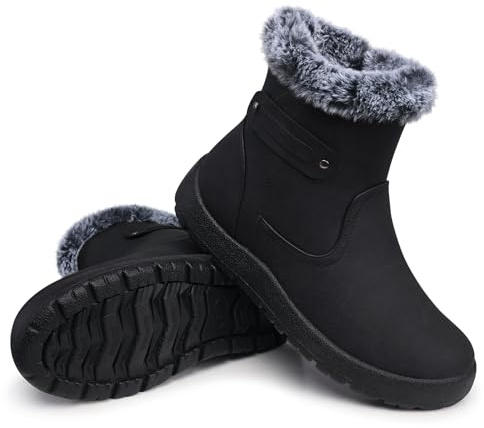 SHIBEVER Women's Snow Boots Winter Fur Lined Waterproof Anti-Slip Leather Women Ankle Snow Boots Black Size 7