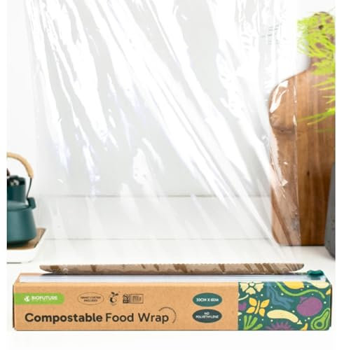 Pellicola trasparente biodegradabile con taglierina, 60 m x 30 cm, compostabile, senza BPA, adatta al congelatore, resistente agli strappi, ecologica, per uso domestico, cucina e uso commerciale