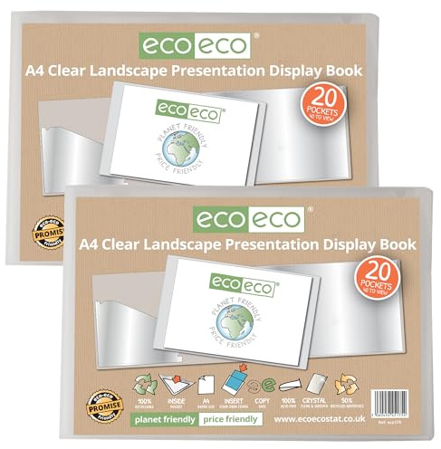 eco-eco Präsentationsbuch, A4, 50% recycelt, 20 Hüllen, transparent, Querformat, Aufbewahrungsetui, Kunstmappe mit Kunststoffhüllen, 2 Stück, eco175 x 2