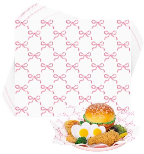 FYSUIMU 150 Sheet Pink Bow Wax Paper Coquette Ribbon Bow Deli Paper Cute Wrapping Tissue Basket Liners for Home Kitchen Restaurant Baking