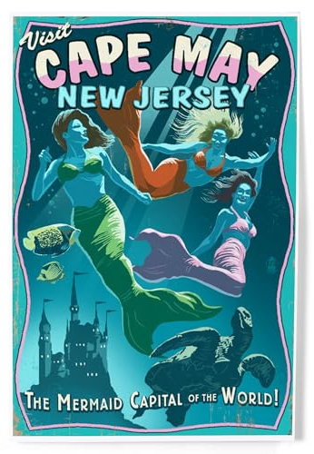 Lantern Press 8x12 Art Print, Cape May, New Jersey, Mermaids Vintage Sign