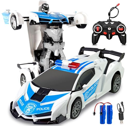 PLLYPE Robot de Voiture Transformable Police, 2 en 1 Robots & Voitures Police Transformable RC Car, 1:18 Voiture Télécommandée Robot, 360°Rotation, pour Garçons Filles