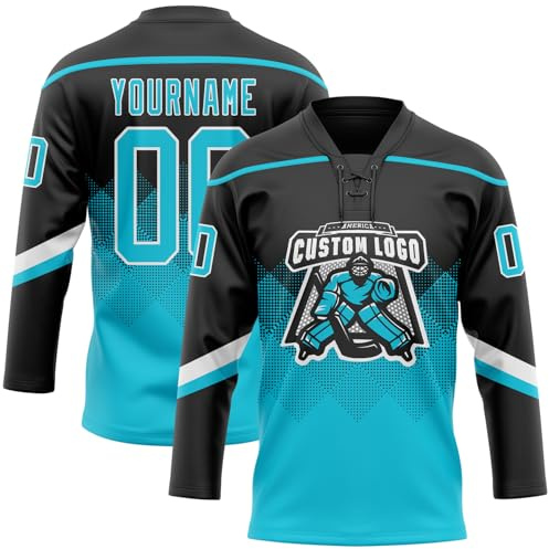 Custom Gradient Design Hockey Jerseys Teal Blue and Black for Men Women Youth Boys Girls, Personalized Paintball Hockey Practice Shirts Sports Team Training Uniforms Stitched/Printed Name Number Logo