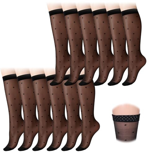 FdcLixuvol 6 pares de calcetines hasta la rodilla para mujer, calcetines negros con estampado de lunares y puntos antideslizantes, elásticos, transpirables, de nailon, estilo retro vintage para